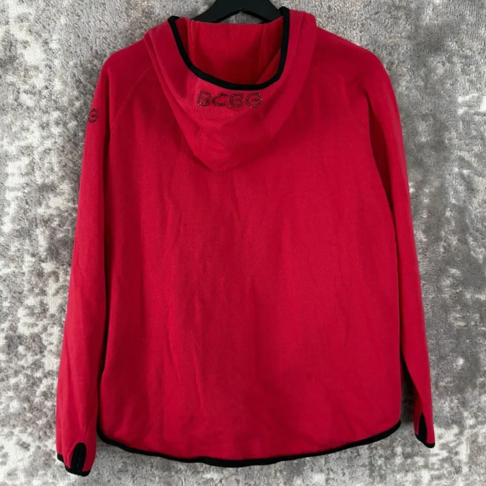 BCBGMaxazria Womens Size M Rhinestone Hooded Full Zip Sweater Red Long Sleeve‎
